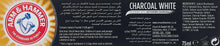 Charcoal White toothpaste box back panel with ingredients and directions.