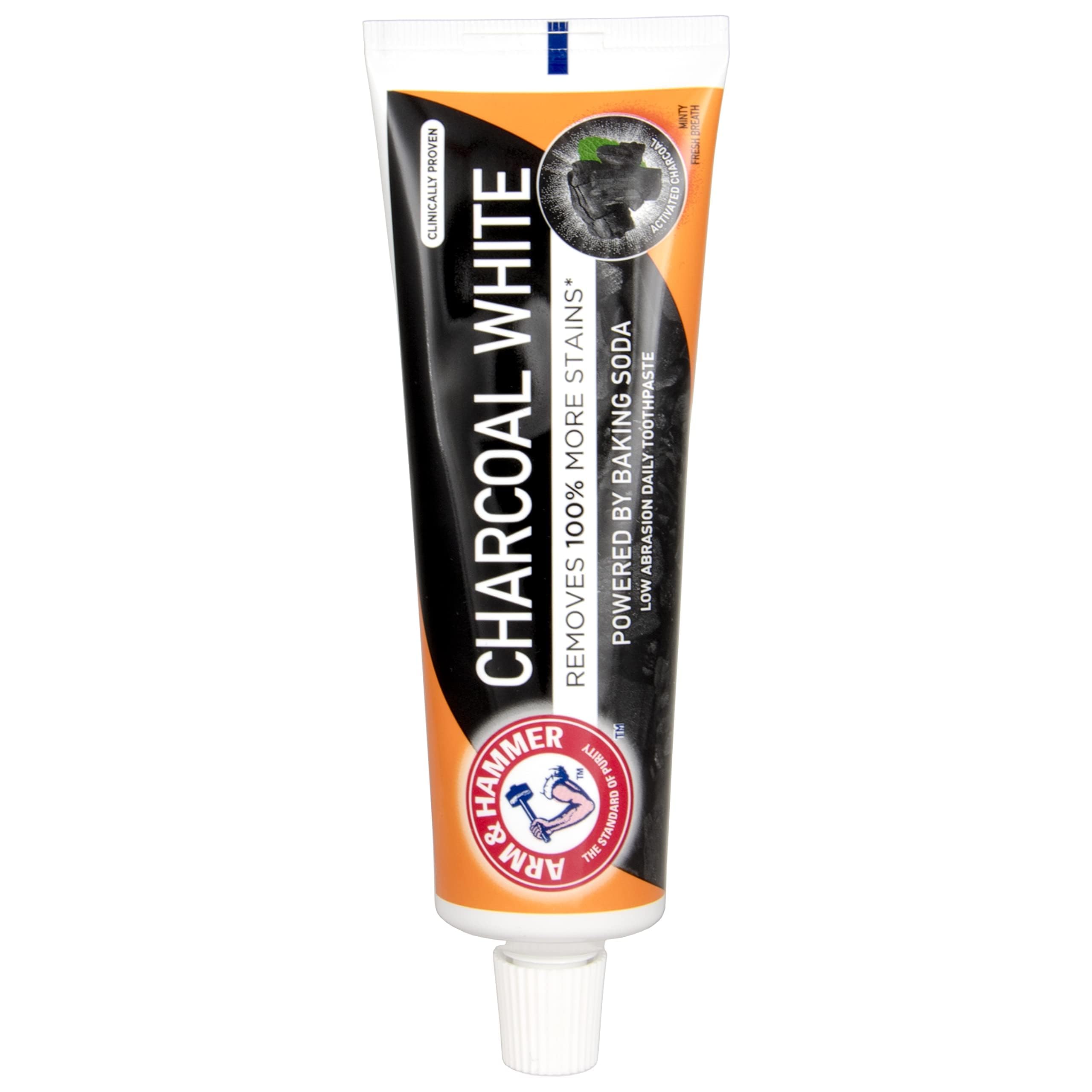 Tube of ARM & HAMMER charcoal white toothpaste in black and orange packaging showing charcoal whitening label