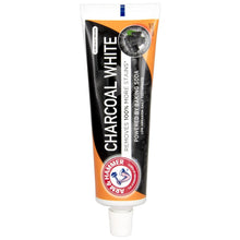 Charcoal White toothpaste tube, ARM & HAMMER, active charcoal, white cap.