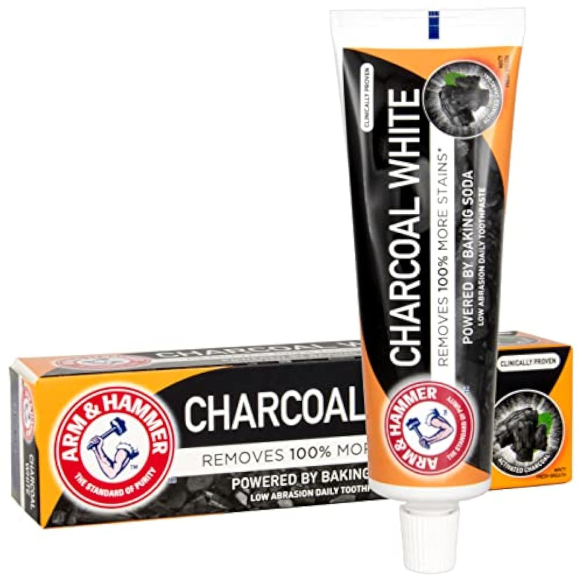 ARM & HAMMER charcoal white toothpaste tube and box showing charcoal whitening label and baking soda logo