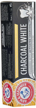 Charcoal White activated charcoal toothpaste box side, ARM & HAMMER.