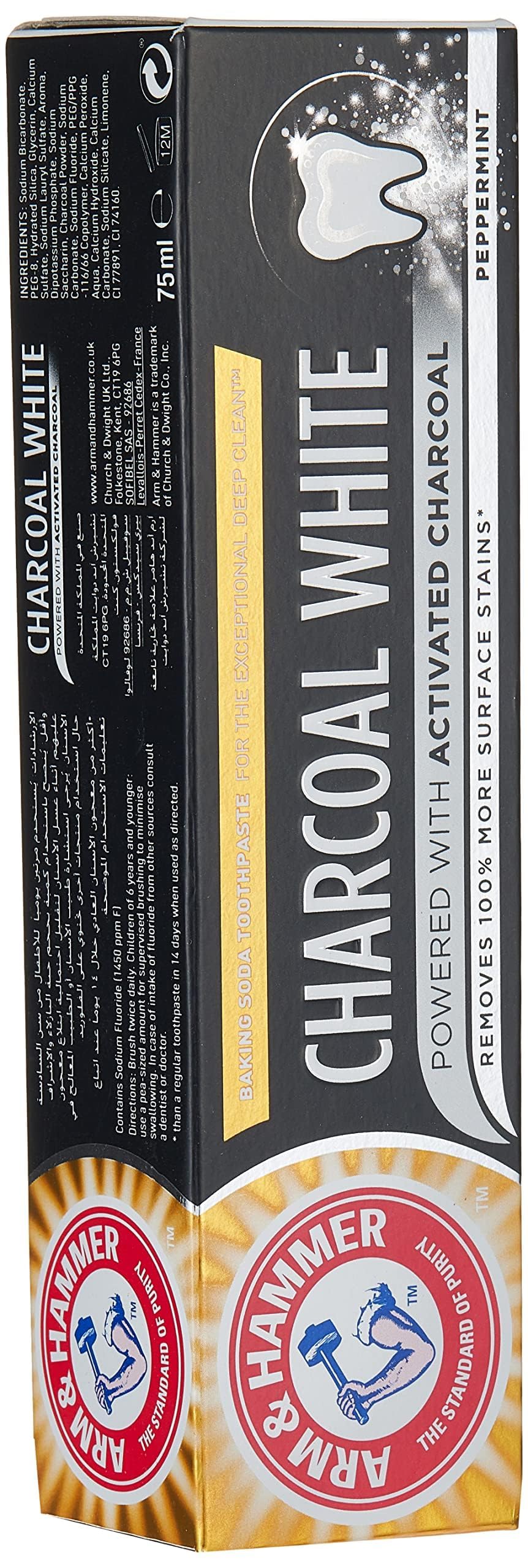 ARM & HAMMER charcoal white toothpaste peppermint boxed tube showing charcoal branding and logo