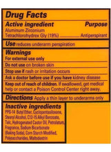 Antiperspirant deodorant stick Drug Facts panel with directions and warnings