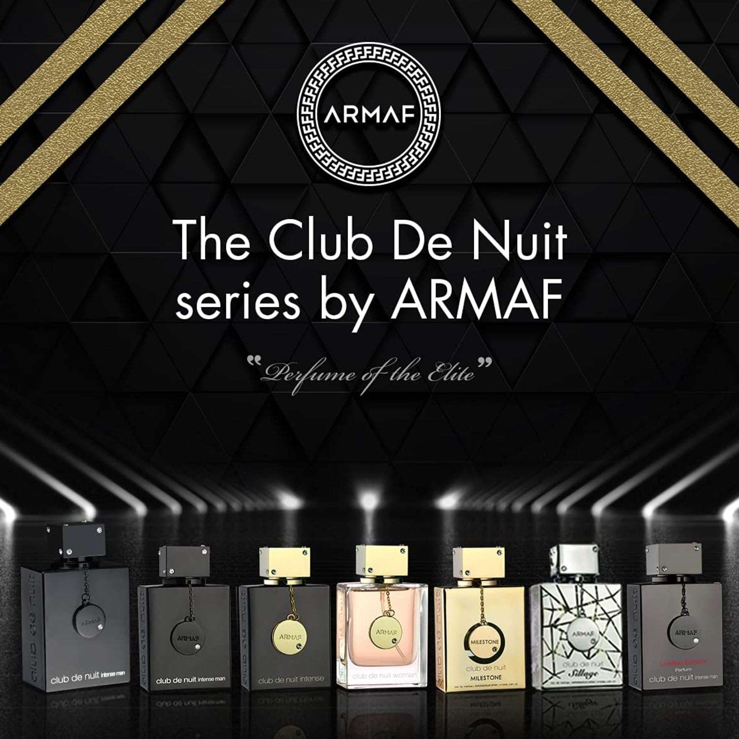 Armaf Club de Nuit Intense Man perfume collection bottles displayed with black and gold background