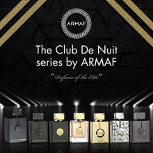 Row of black perfume bottles with ARMAF branding and gold decorative stripes