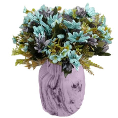 Huitich artificial blue daisy flowers arranged in a purple marble vase with green foliage