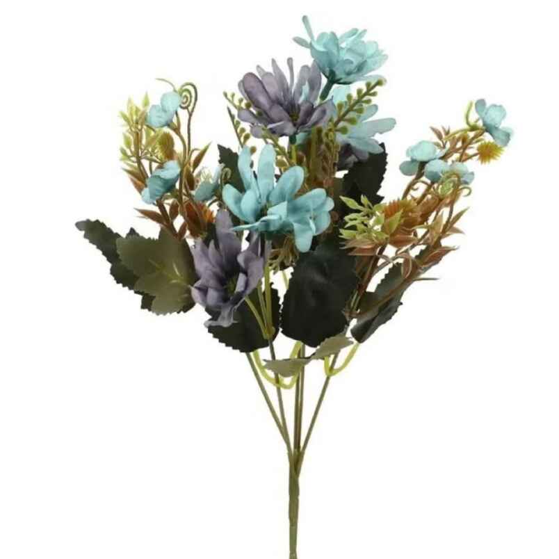 Huitich artificial blue daisy flowers bouquet with green leaves and delicate stems