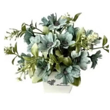 Artificial blue flower bonsai with green leaves, white pot