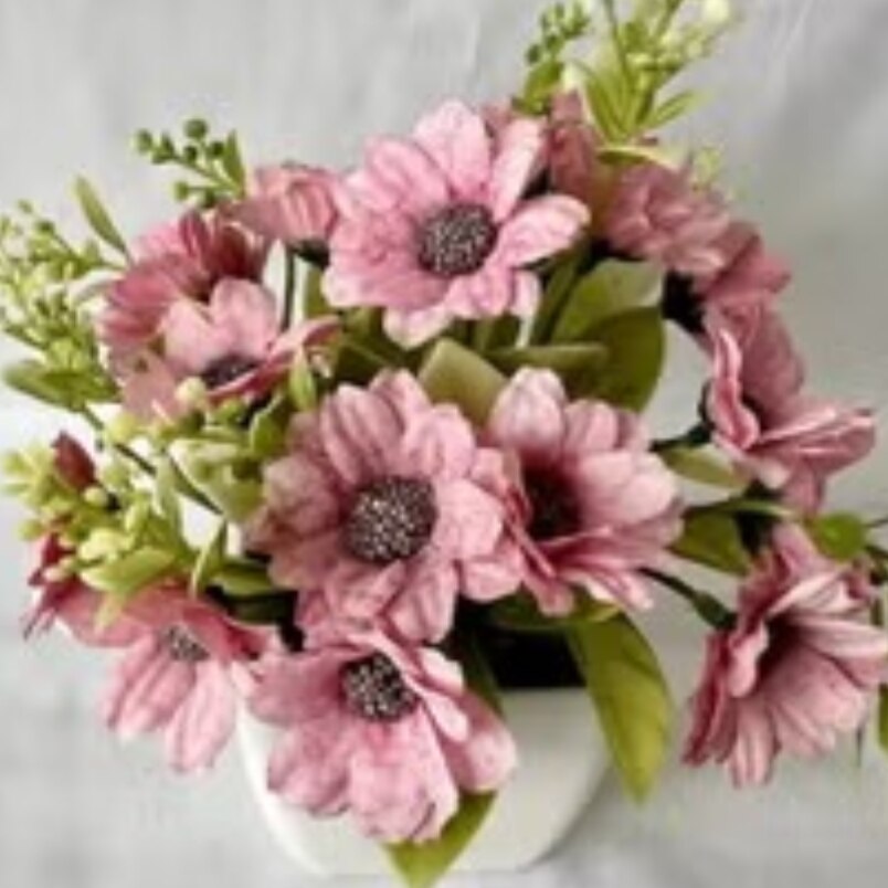 Huitich artificial blue flower bonsai with pink flowers and green leaves in a white pot
