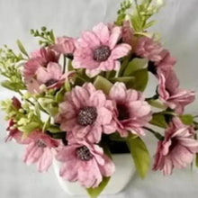 Artificial pink flower bonsai with green leaves in white pot