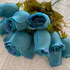 Huitich artificial blue rose buds bouquet with realistic green leaves on white background