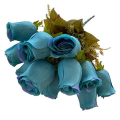 Huitich artificial blue rose buds bouquet with realistic green leaves for home decor