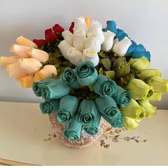 Huitich artificial blue rose buds arranged with multicolor artificial flowers in decorative pot