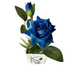 Artificial blue rose potted plant with green leaves in white container