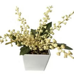 Huitich artificial bonsai plant for home decor with cream flowers and green leaves in white square pot