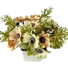 Artificial flower bonsai decor, cream and tan blooms with dark centers, white pot
