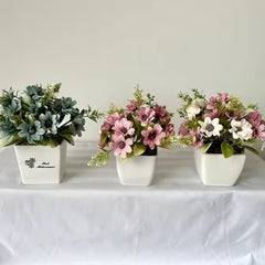 Huitich artificial champagne orange flower bonsai in white square pots with green and pink flowers