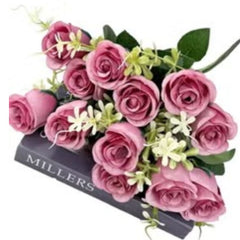 Huitich artificial flower arrangement dark pink roses with green leaves and white accents