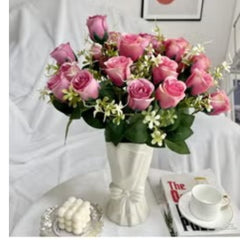 Huitich artificial flower arrangement dark pink roses with white accents in a white ceramic vase