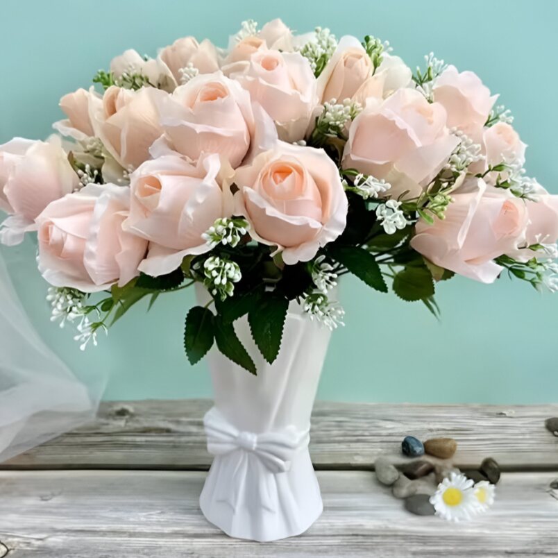 Huitich artificial flower arrangement for parties featuring soft pink roses in a white vase