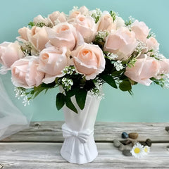 Huitich artificial flower arrangement for parties featuring soft pink roses in a white vase