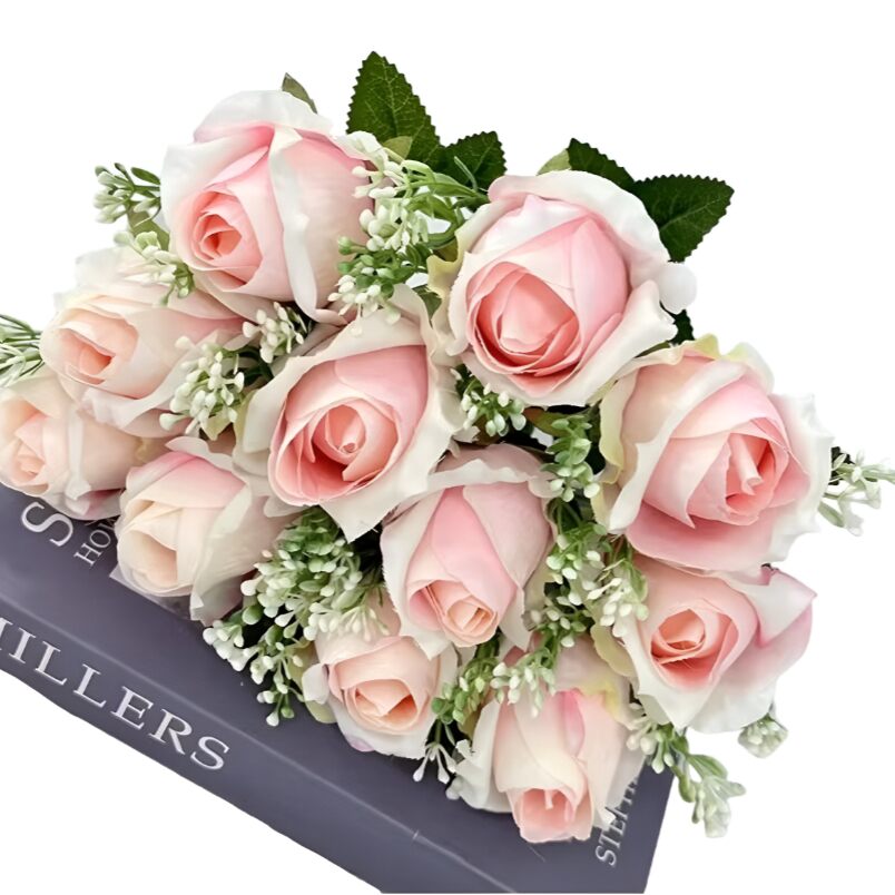Huitich artificial flower arrangement for parties featuring pink and white roses with green leaves