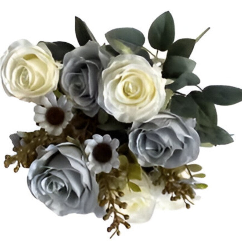 Huitich artificial flower arrangements featuring white and gray roses with green leaves and small white daisies