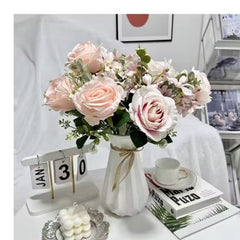 Huitich artificial flower decor light pink arrangement in white vase on table with books and candle