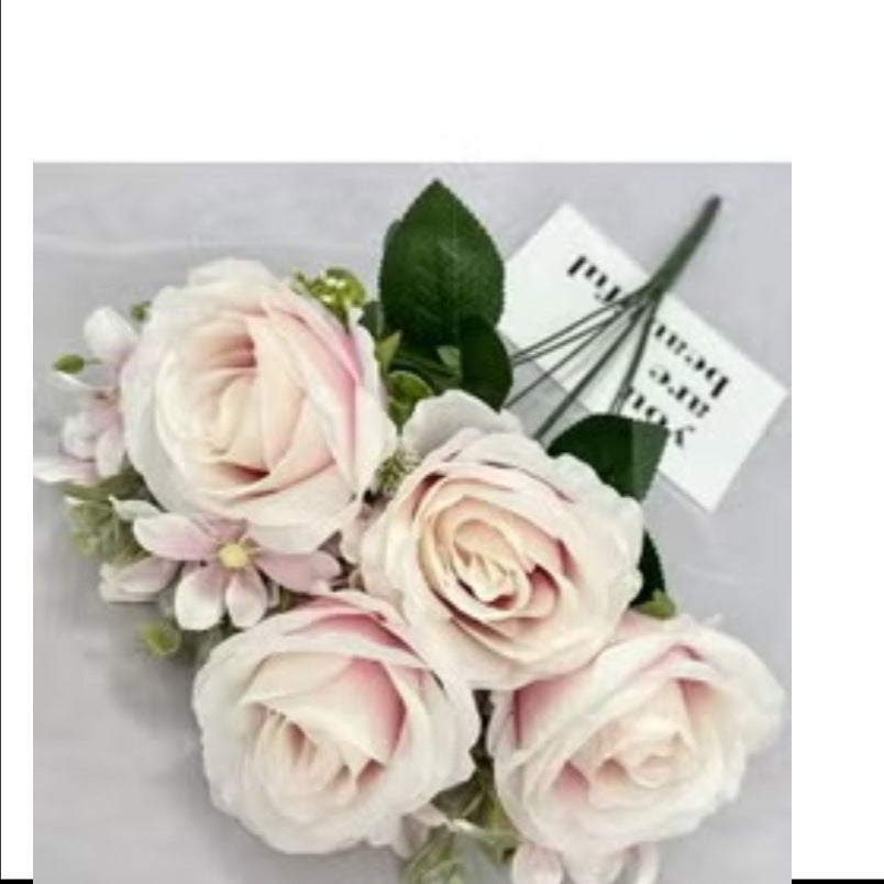 Huitich artificial flower decor light pink bouquet with realistic roses and green leaves