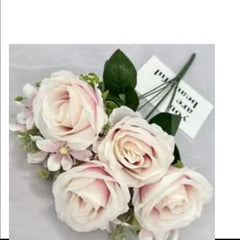 Huitich artificial flower decor light pink bouquet with realistic roses and green leaves
