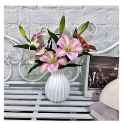 Huitich artificial flowers pack for decoration with pink and purple flowers in white vase on shelf