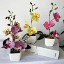 Colorful artificial flowers in white pots on a tabletop