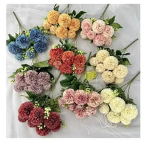 Artificial fluffy rose bouquet set with mixed color pom-pom flowers and green leaves