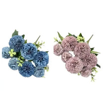 Artificial fluffy rose bouquets: blue and dusty rose pom-pom flowers with green leaves