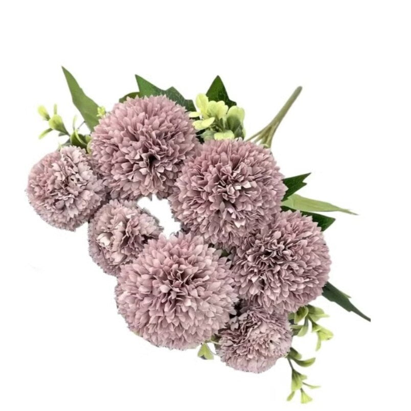 Huitich artificial fluffy rose bouquet with light purple petals and green leaves decor