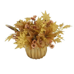 Huitich artificial golden maple leaf decor with gold leaves and pink flowers in a gold vase