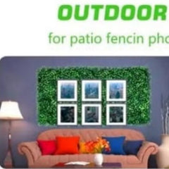 Huitich artificial grass wall backdrop displayed as green decorative panel behind couch with framed pictures
