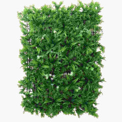 Huitich artificial grass wall backdrop with lush green leaves and small white flowers for decorative use