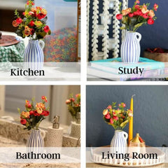 Huitich artificial mini rose bouquet in white striped vase displayed in kitchen study bathroom and living room