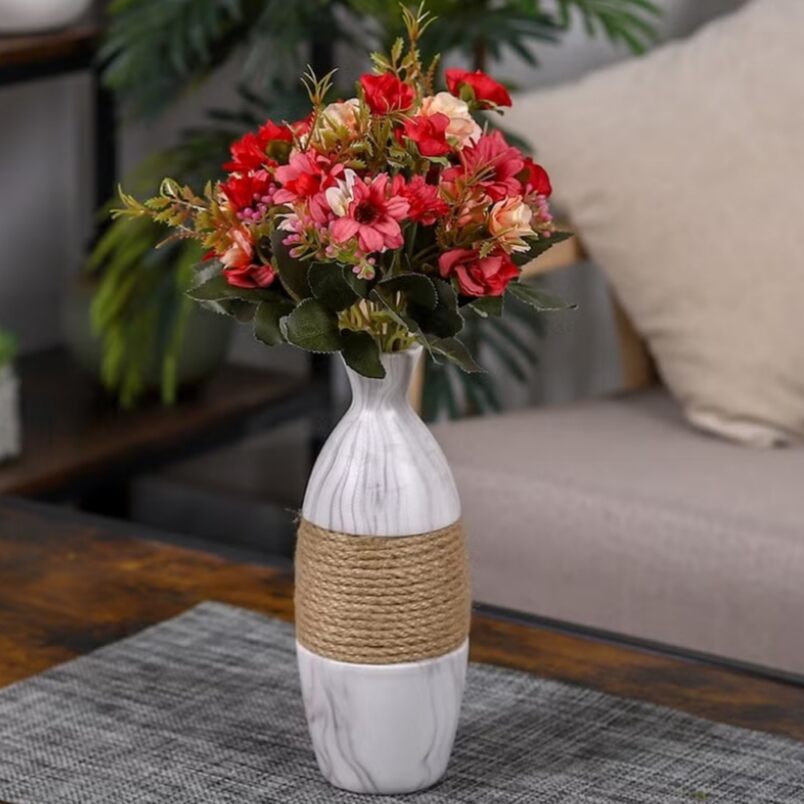 Huitich artificial mini rose bouquet in pink and red arranged in white vase with rope detail