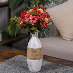 Huitich artificial mini rose bouquet in pink and red arranged in white vase with rope detail