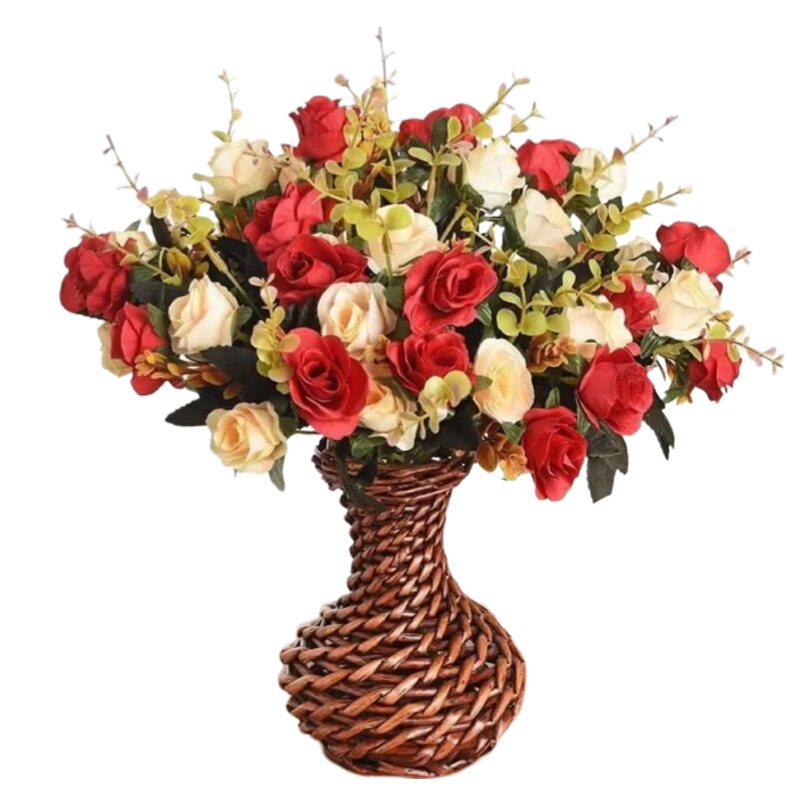 Huitich artificial mini rose bouquet with red and cream roses in a woven brown vase