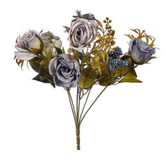 Huitich artificial mini rose flower bunch with purple roses and green and gold leaves