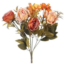 Artificial mini rose flower bunch with small orange-pink roses and filler berries