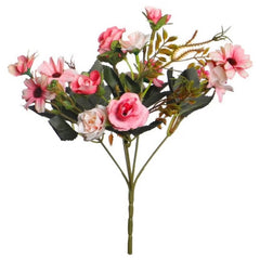 Huitich artificial mini rose flowers bouquet with pink and white blooms and green leaves