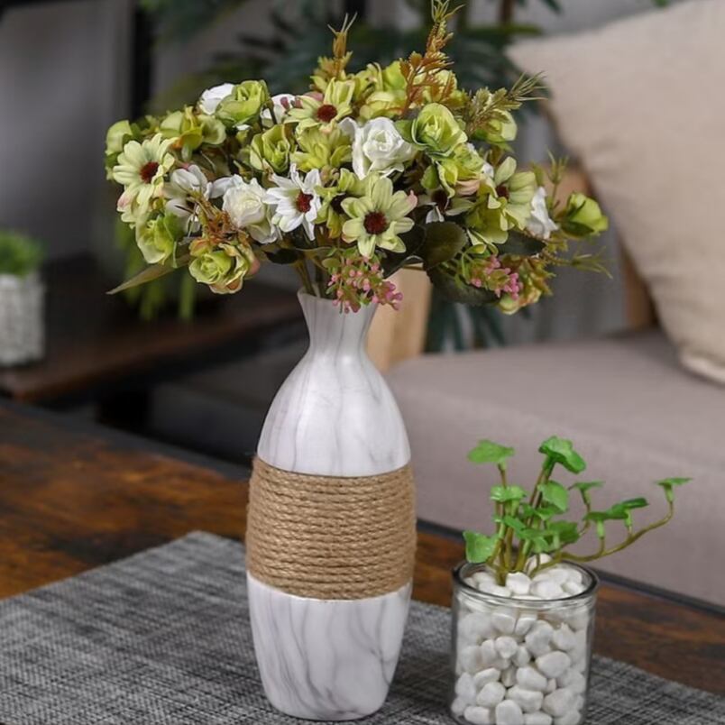 Huitich artificial mini rose flowers arranged in a white marble vase with rope detail for home decor
