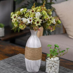Huitich artificial mini rose flowers arranged in a white marble vase with rope detail for home decor
