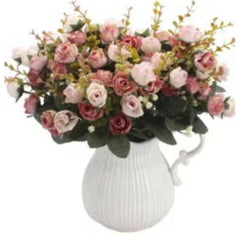 Huitich artificial mini roses decor in pink and white arranged in a white textured vase