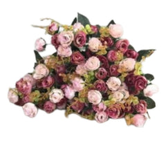 Huitich artificial mini roses decor in pink and burgundy shades with green leaves