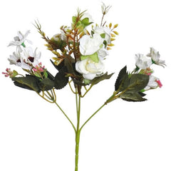 Huitich artificial mini white roses bouquet with green leaves and realistic petals